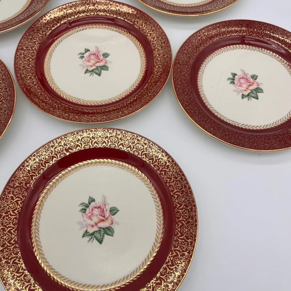 Homer Laughlin Lady Stratford Dessert Plates Set of 7 Maroon Gold Rose 7 1/8